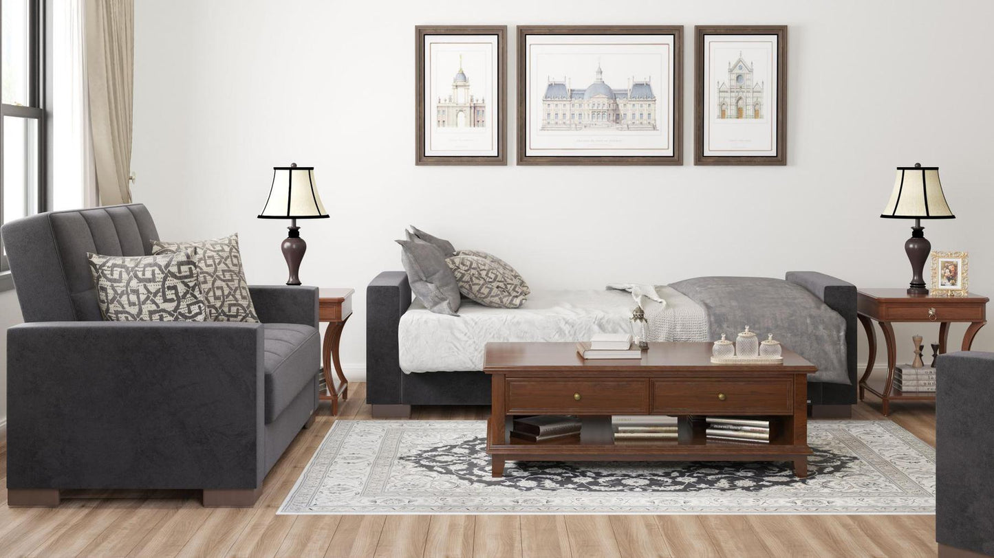 Modern design, Black , Microfiber upholstered convertible sleeper Sofabed with underseat storage from Voyage Track by Ottomanson in living room lifestyle setting converted to sleeper. This Sofabed measures 90 inches width by 36 inches depth by 41 inches height.