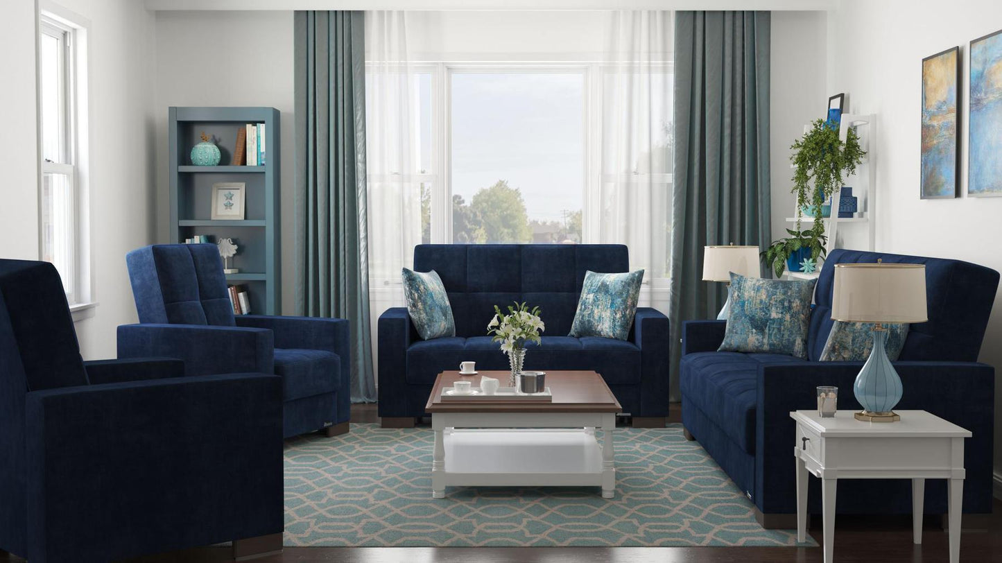 Modern design, True Blue , Microfiber upholstered convertible sleeper Loveseat with underseat storage from Voyage Track by Ottomanson in living room lifestyle setting with the matching furniture set. This Loveseat measures 67 inches width by 36 inches depth by 41 inches height.