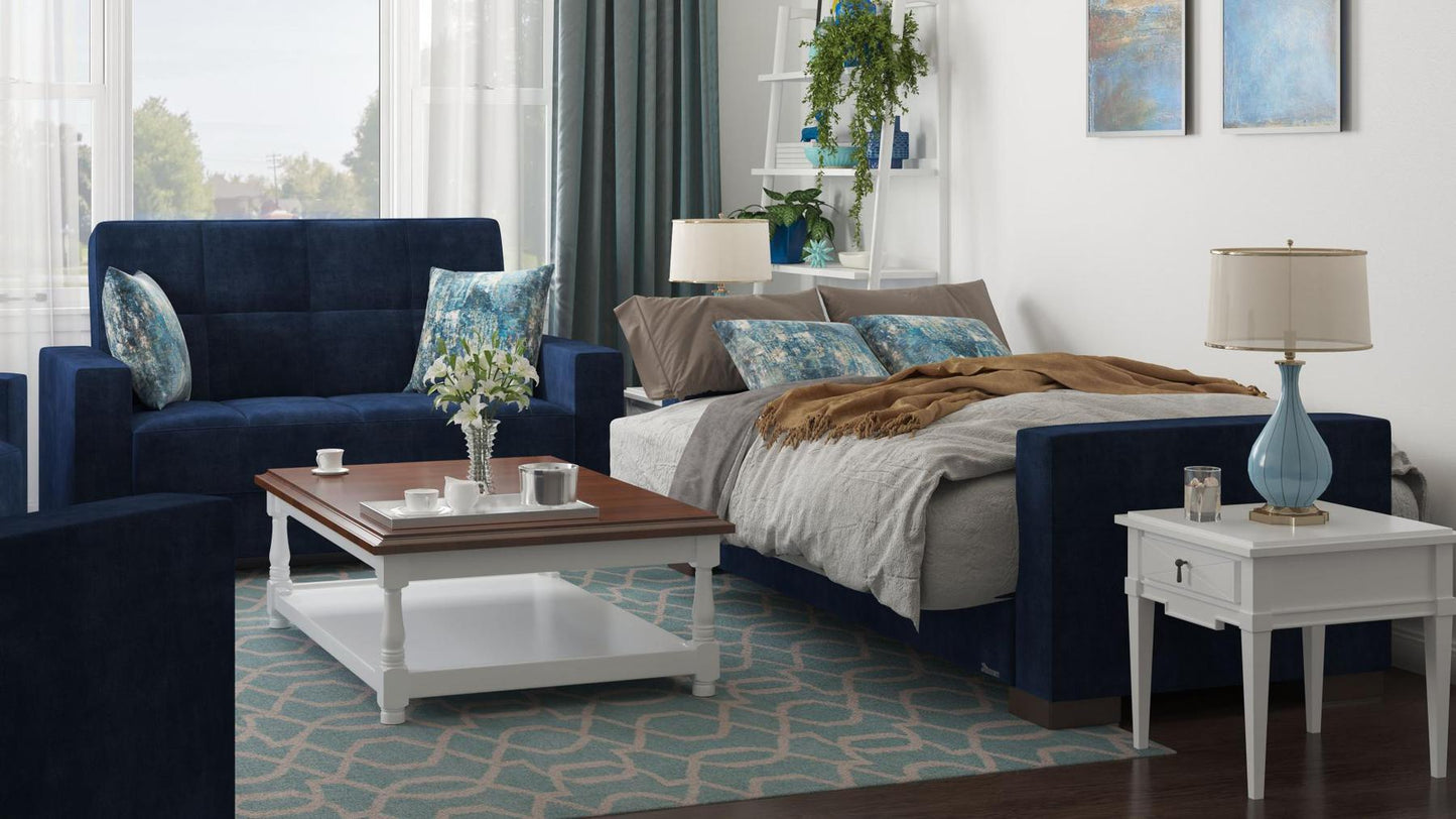Modern design, True Blue , Microfiber upholstered convertible sleeper Loveseat with underseat storage from Voyage Track by Ottomanson in living room lifestyle setting converted to sleeper. This Loveseat measures 67 inches width by 36 inches depth by 41 inches height.