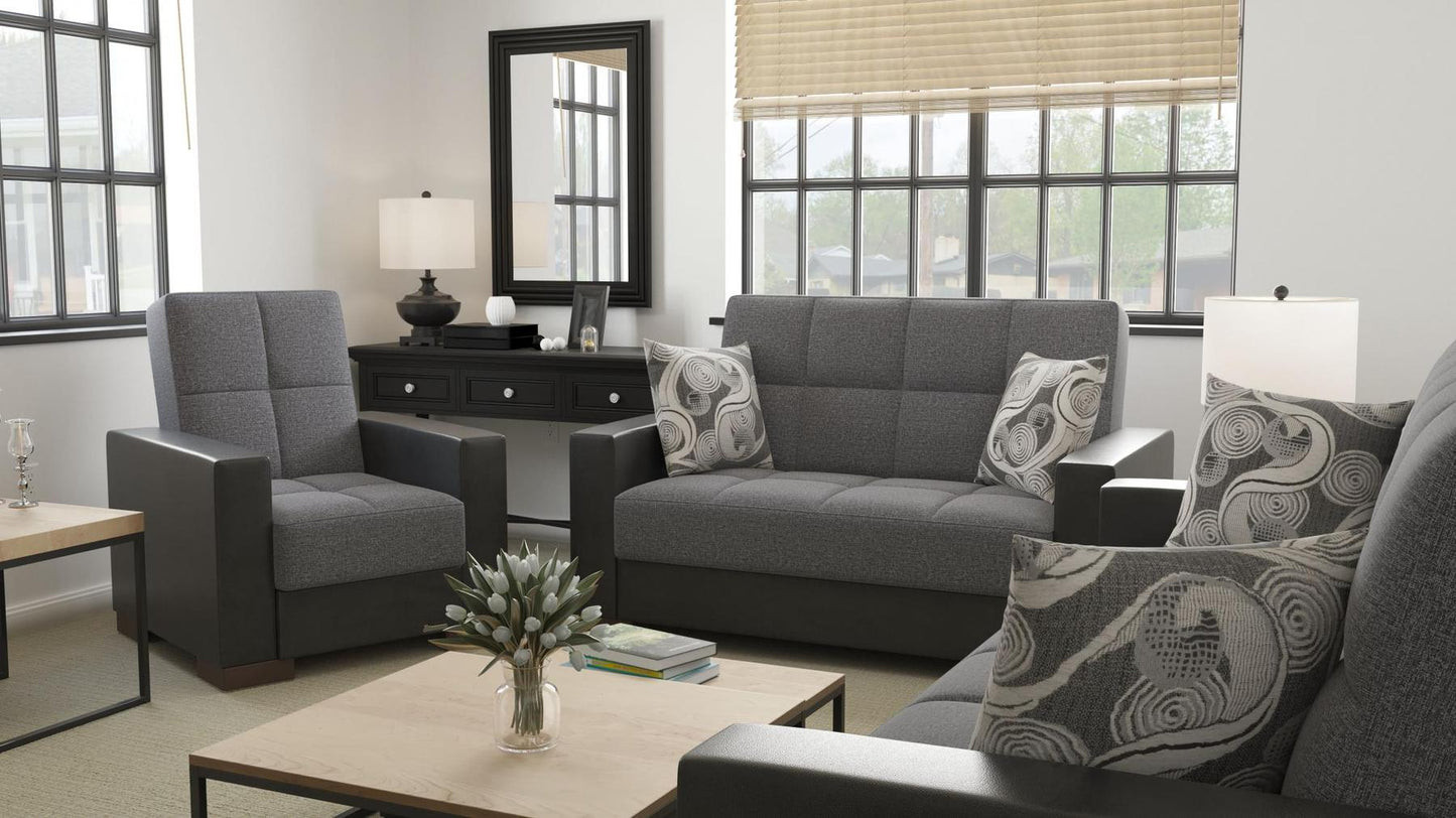 Modern design, Salt and Pepper Gray, Black , Chenille, Artificial Leather upholstered convertible Armchair with underseat storage from Voyage Track by Ottomanson in living room lifestyle setting with another piece of furniture. This Armchair measures 38 inches width by 36 inches depth by 41 inches height.