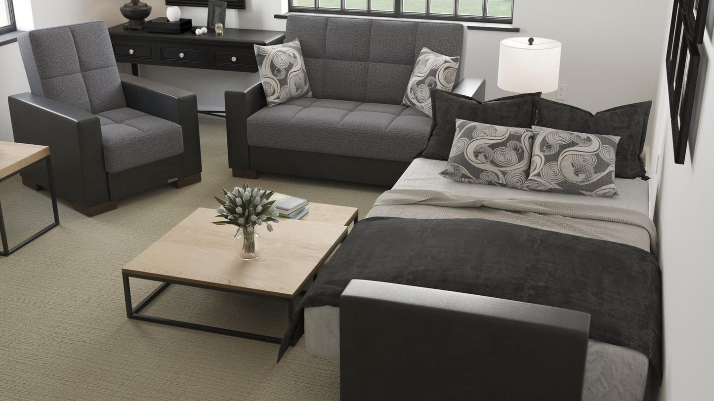 Modern design, Salt and Pepper Gray, Black , Chenille, Artificial Leather upholstered convertible Armchair with underseat storage from Voyage Track by Ottomanson in living room lifestyle setting converted to sleeper. This Armchair measures 38 inches width by 36 inches depth by 41 inches height.