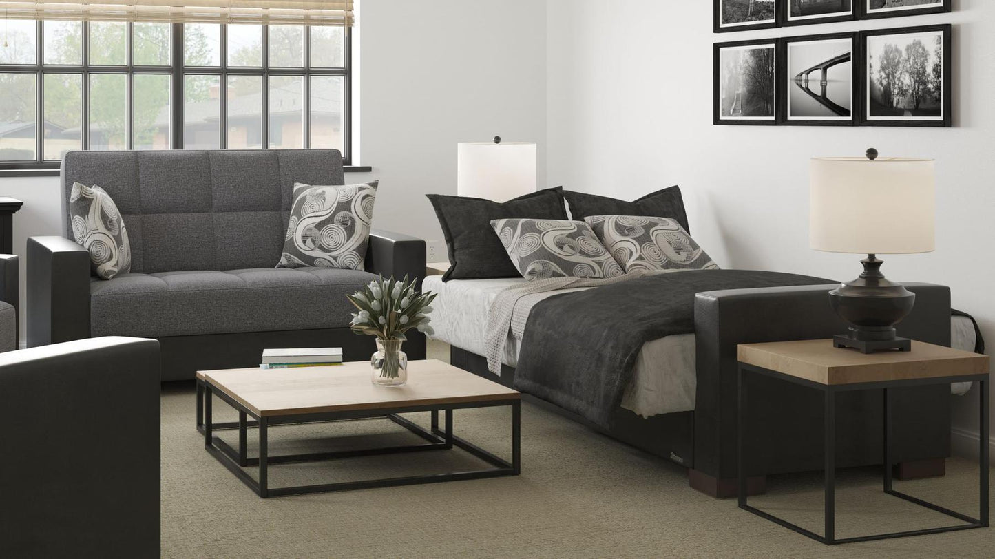 Modern design, Salt and Pepper Gray, Black , Chenille, Artificial Leather upholstered convertible sleeper Loveseat with underseat storage from Voyage Track by Ottomanson in living room lifestyle setting converted to sleeper. This Loveseat measures 67 inches width by 36 inches depth by 41 inches height.