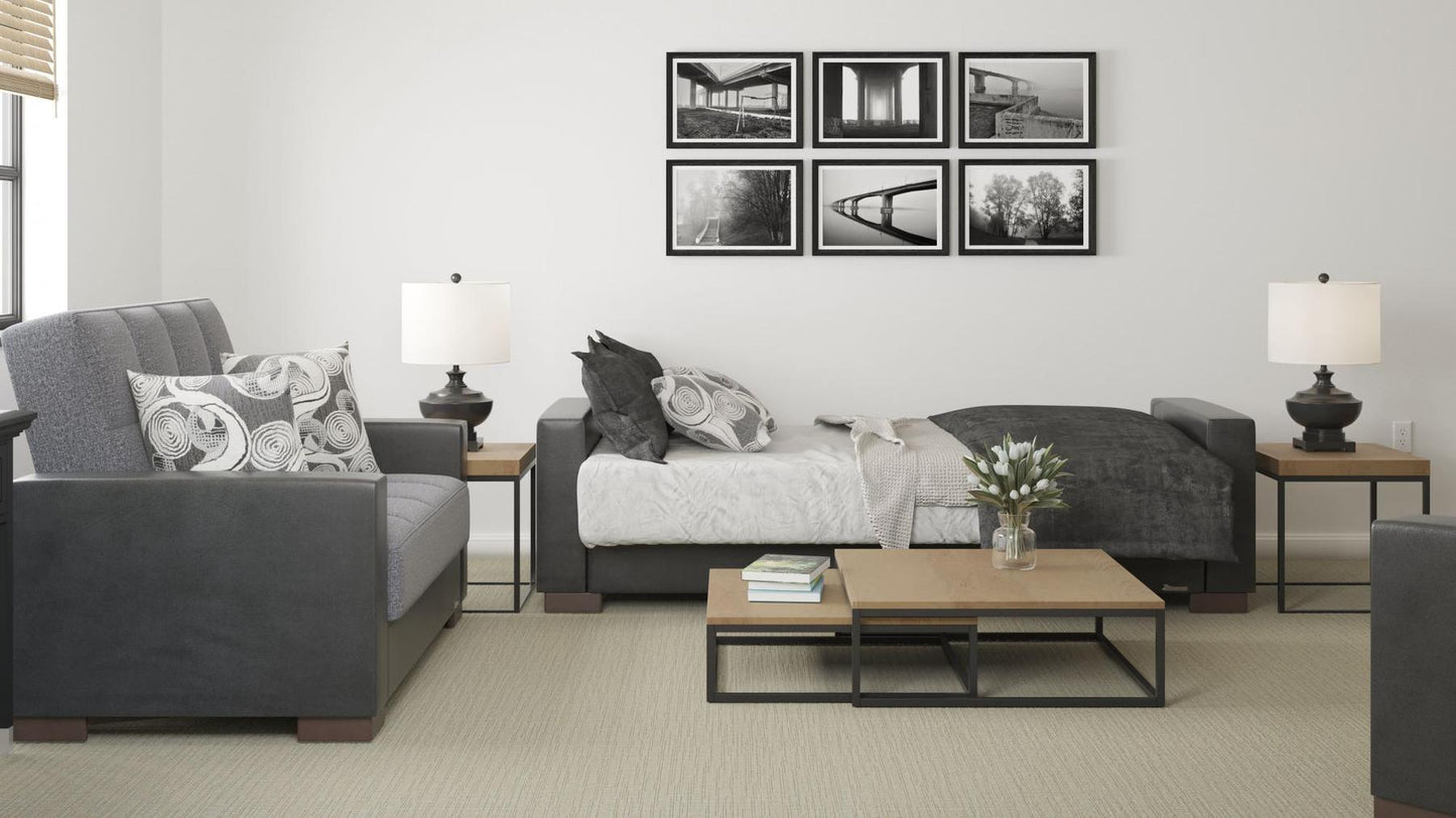 Modern design, Salt and Pepper Gray, Black , Chenille, Artificial Leather upholstered convertible sleeper Sofabed with underseat storage from Voyage Track by Ottomanson in living room lifestyle setting converted to sleeper. This Sofabed measures 90 inches width by 36 inches depth by 41 inches height.