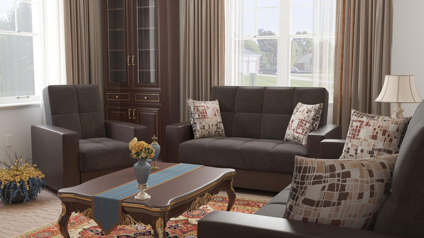 Modern design, Friar Brown, Dark Brown , Microfiber, Artificial Leather upholstered convertible Armchair with underseat storage from Voyage Track by Ottomanson in living room lifestyle setting with another piece of furniture. This Armchair measures 38 inches width by 36 inches depth by 41 inches height.