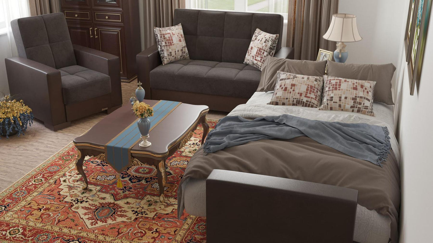 Modern design, Friar Brown, Dark Brown , Microfiber, Artificial Leather upholstered convertible Armchair with underseat storage from Voyage Track by Ottomanson in living room lifestyle setting converted to sleeper. This Armchair measures 38 inches width by 36 inches depth by 41 inches height.