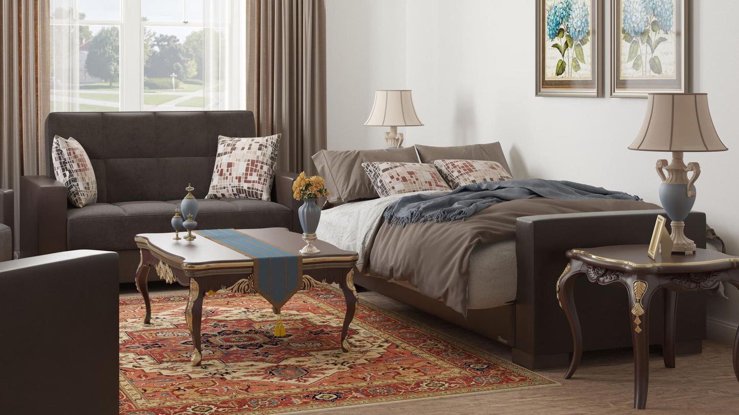 Modern design, Friar Brown, Dark Brown , Microfiber, Artificial Leather upholstered convertible sleeper Loveseat with underseat storage from Voyage Track by Ottomanson in living room lifestyle setting converted to sleeper. This Loveseat measures 67 inches width by 36 inches depth by 41 inches height.