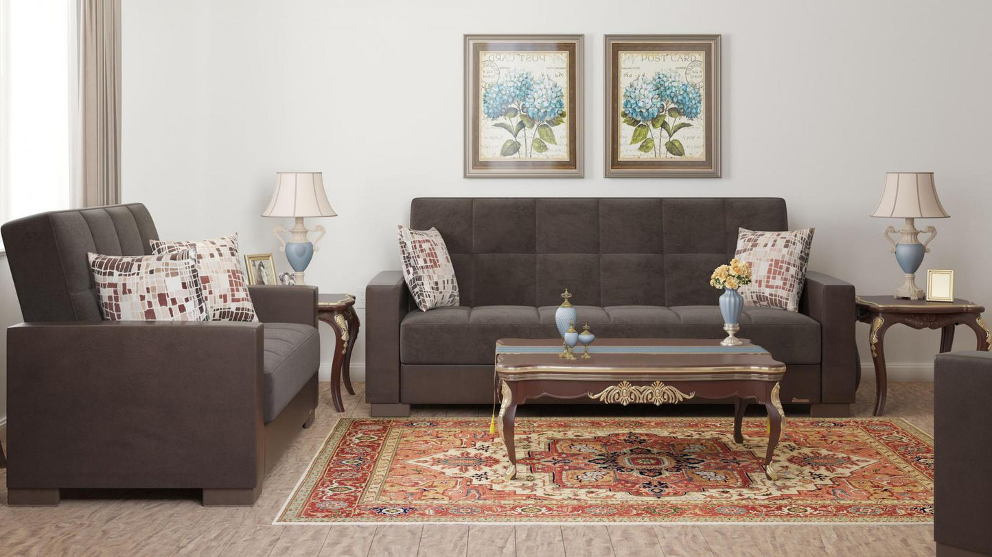Modern design, Friar Brown, Dark Brown , Microfiber, Artificial Leather upholstered convertible sleeper Sofabed with underseat storage from Voyage Track by Ottomanson in living room lifestyle setting with another piece of furniture. This Sofabed measures 90 inches width by 36 inches depth by 41 inches height.