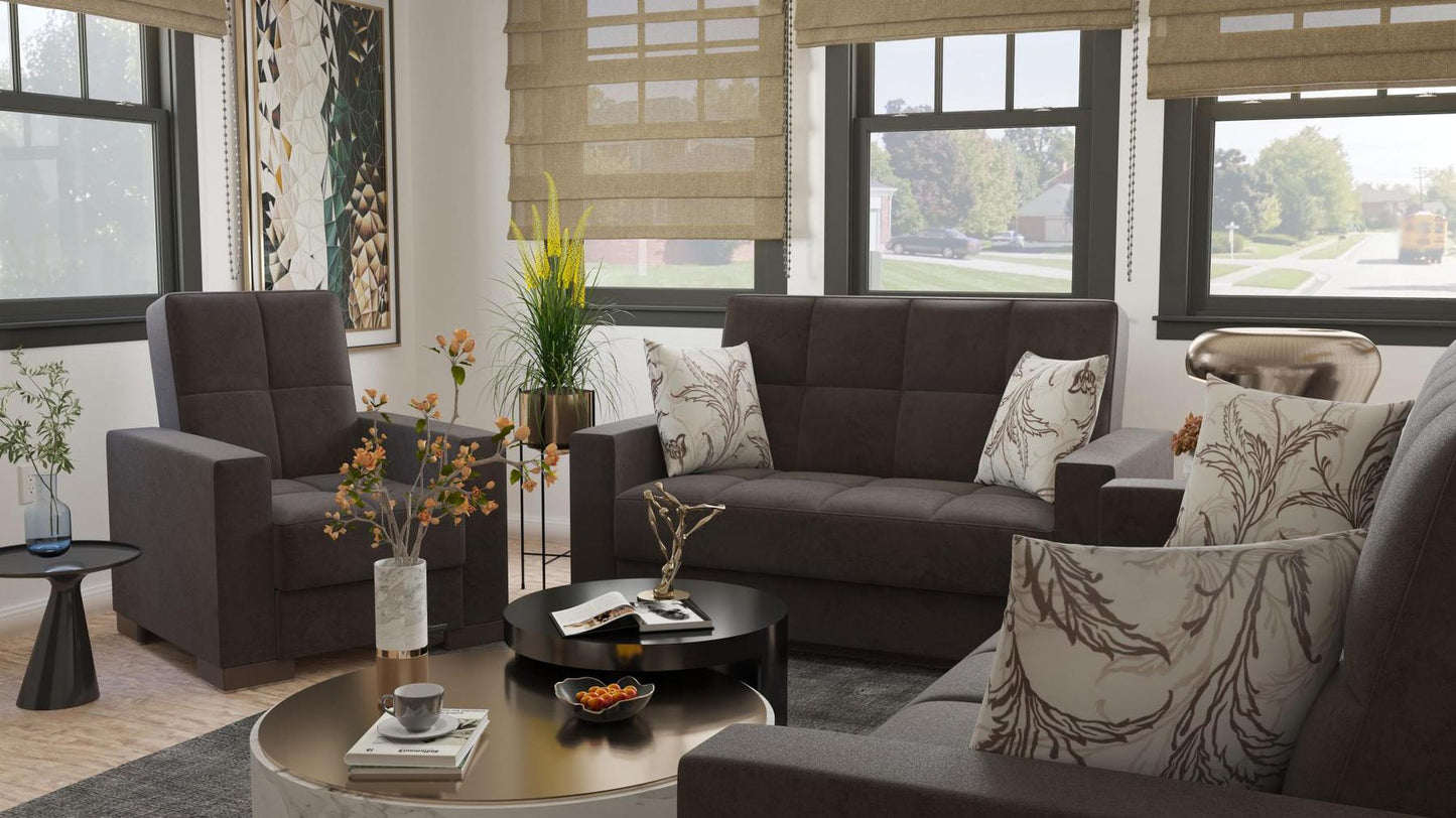Modern design, Friar Brown , Microfiber upholstered convertible Armchair with underseat storage from Voyage Track by Ottomanson in living room lifestyle setting with another piece of furniture. This Armchair measures 38 inches width by 36 inches depth by 41 inches height.