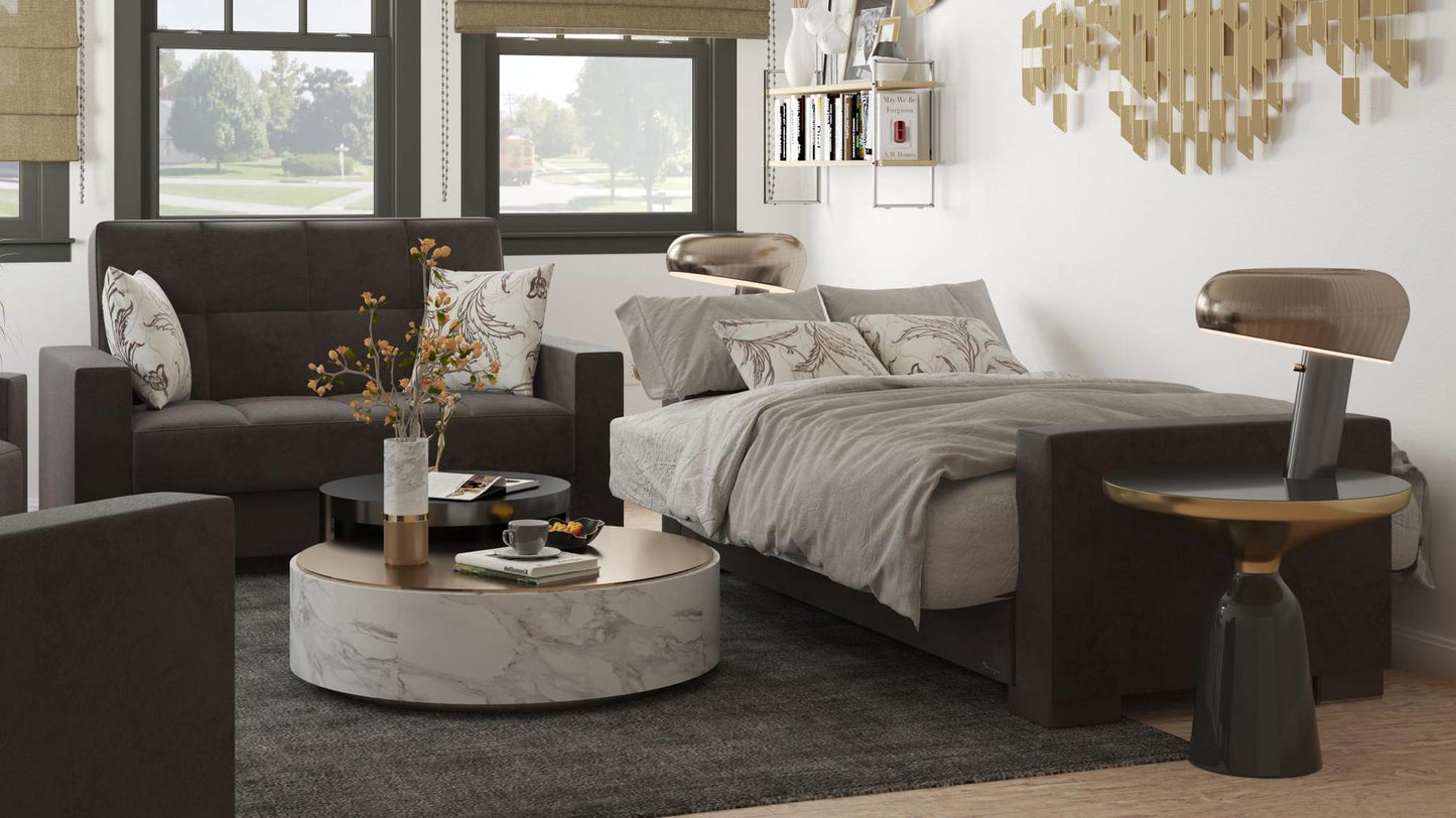 Modern design, Friar Brown , Microfiber upholstered convertible sleeper Loveseat with underseat storage from Voyage Track by Ottomanson in living room lifestyle setting converted to sleeper. This Loveseat measures 67 inches width by 36 inches depth by 41 inches height.
