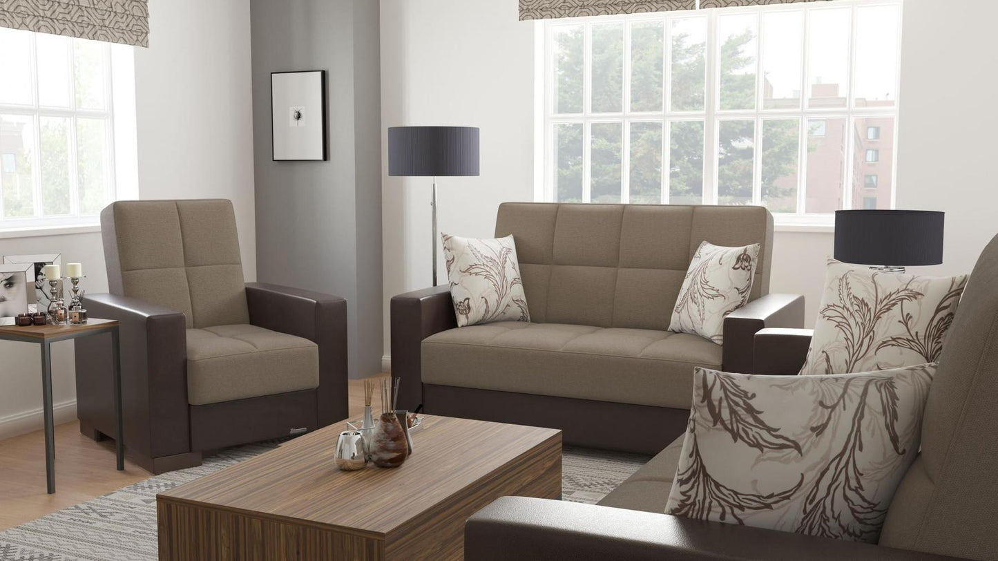 Modern design, Light Taupe, Dark Brown , Chenille, Artificial Leather upholstered convertible Armchair with underseat storage from Voyage Track by Ottomanson in living room lifestyle setting with another piece of furniture. This Armchair measures 38 inches width by 36 inches depth by 41 inches height.