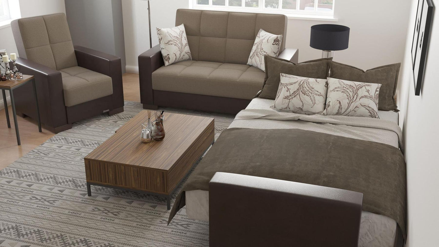 Modern design, Light Taupe, Dark Brown , Chenille, Artificial Leather upholstered convertible Armchair with underseat storage from Voyage Track by Ottomanson in living room lifestyle setting converted to sleeper. This Armchair measures 38 inches width by 36 inches depth by 41 inches height.