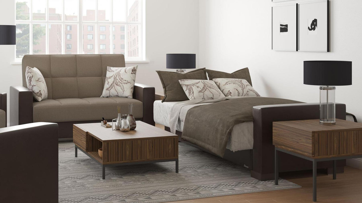 Modern design, Light Taupe, Dark Brown , Chenille, Artificial Leather upholstered convertible sleeper Loveseat with underseat storage from Voyage Track by Ottomanson in living room lifestyle setting converted to sleeper. This Loveseat measures 67 inches width by 36 inches depth by 41 inches height.