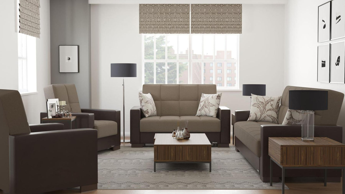 Modern design, Light Taupe, Dark Brown , Chenille, Artificial Leather upholstered convertible sleeper Sofabed with underseat storage from Voyage Track by Ottomanson in living room lifestyle setting with the matching furniture set. This Sofabed measures 90 inches width by 36 inches depth by 41 inches height.
