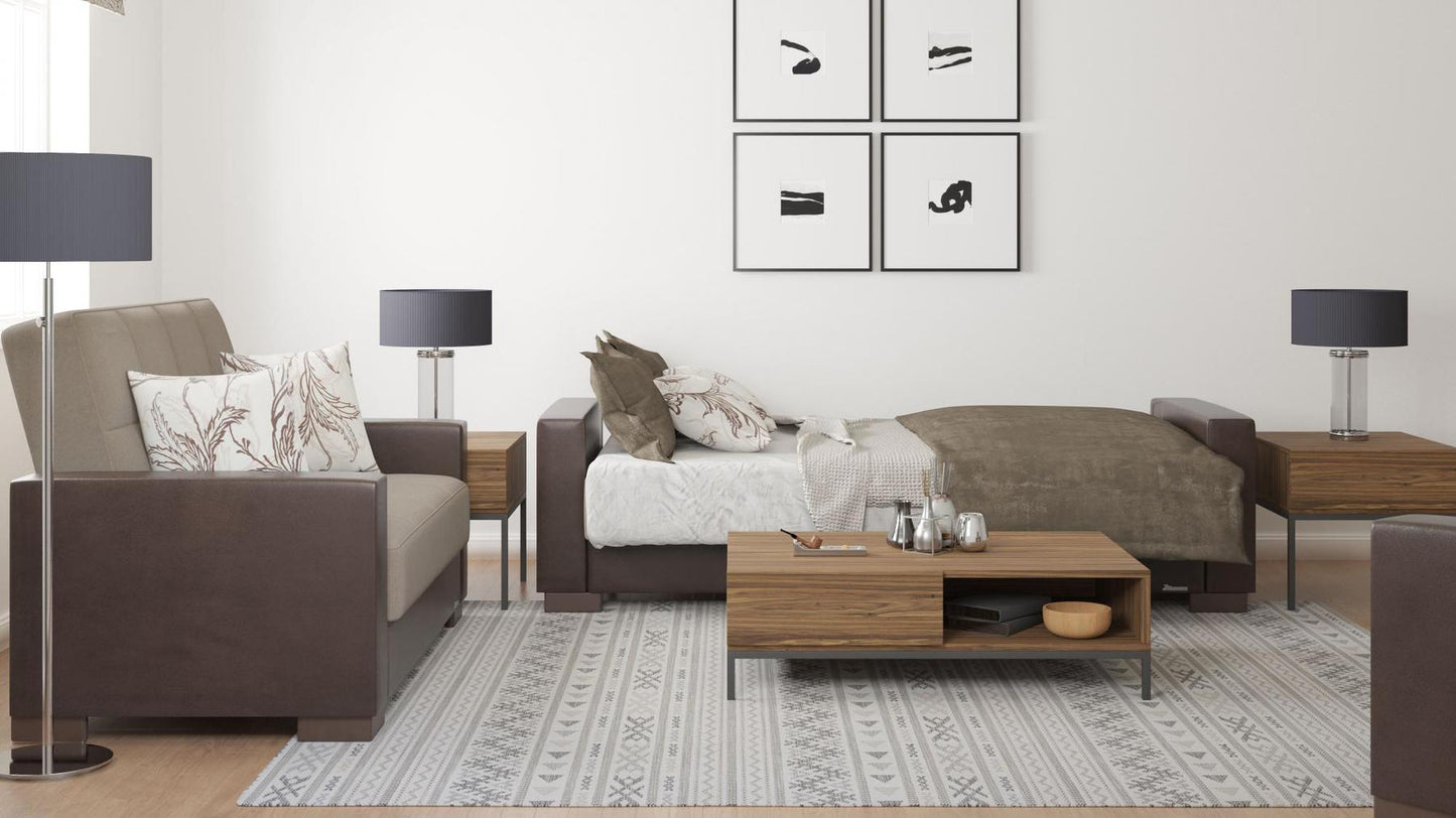 Modern design, Light Taupe, Dark Brown , Chenille, Artificial Leather upholstered convertible sleeper Sofabed with underseat storage from Voyage Track by Ottomanson in living room lifestyle setting converted to sleeper. This Sofabed measures 90 inches width by 36 inches depth by 41 inches height.