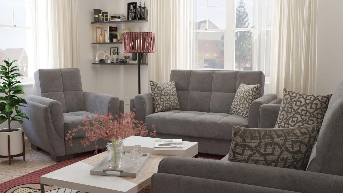 Modern design, Pewter Gray , Microfiber upholstered convertible Armchair with underseat storage from Voyage Shelter by Ottomanson in living room lifestyle setting with another piece of furniture. This Armchair measures 42 inches width by 36 inches depth by 41 inches height.