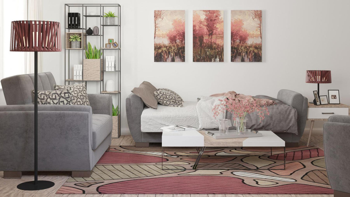 Modern design, Pewter Gray , Microfiber upholstered convertible sleeper Sofabed with underseat storage from Voyage Shelter by Ottomanson in living room lifestyle setting converted to sleeper. This Sofabed measures 94 inches width by 36 inches depth by 41 inches height.