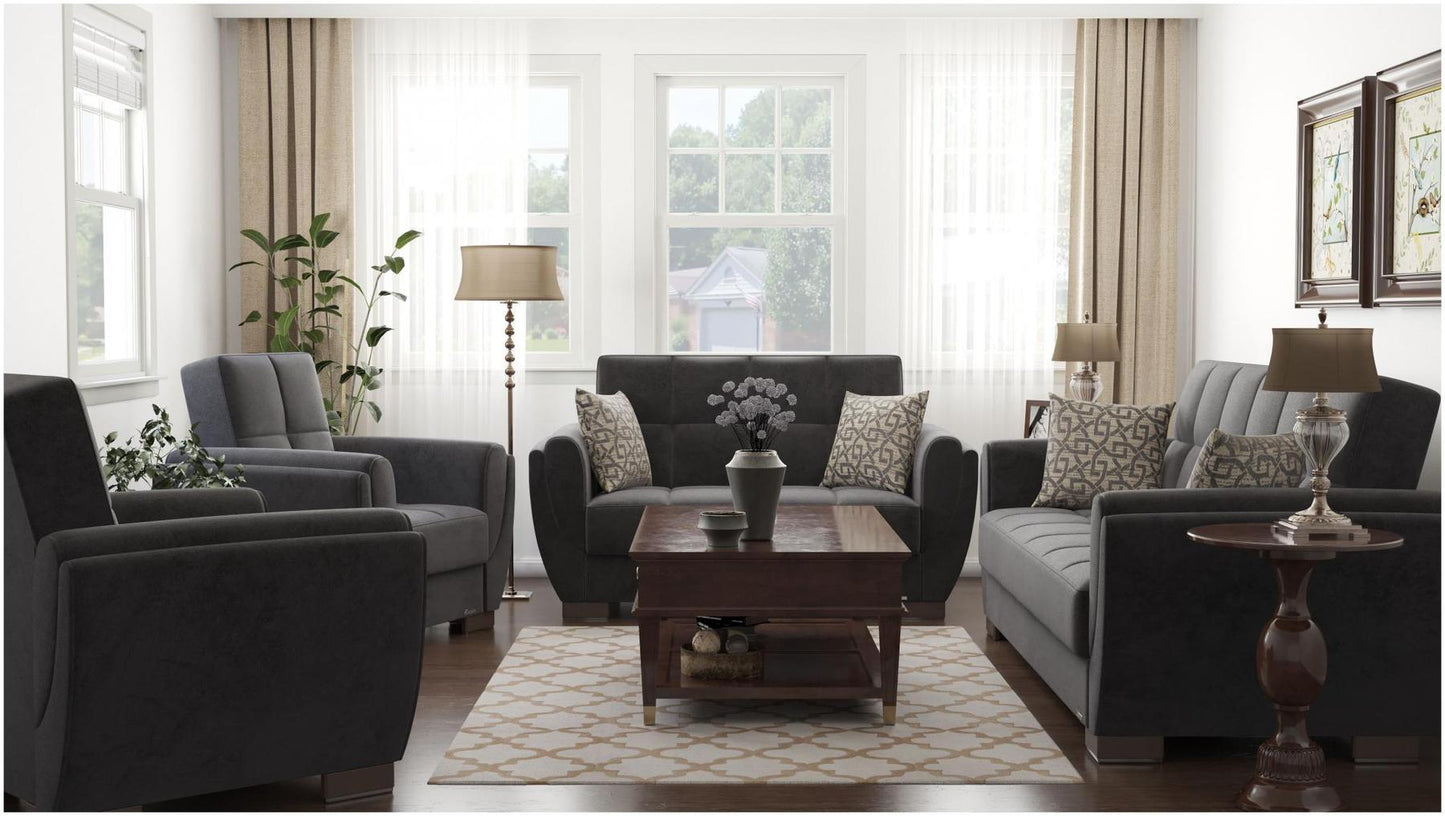 Modern design, Black , Microfiber upholstered convertible Armchair with underseat storage from Voyage Shelter by Ottomanson in living room lifestyle setting with the matching furniture set. This Armchair measures 42 inches width by 36 inches depth by 41 inches height.