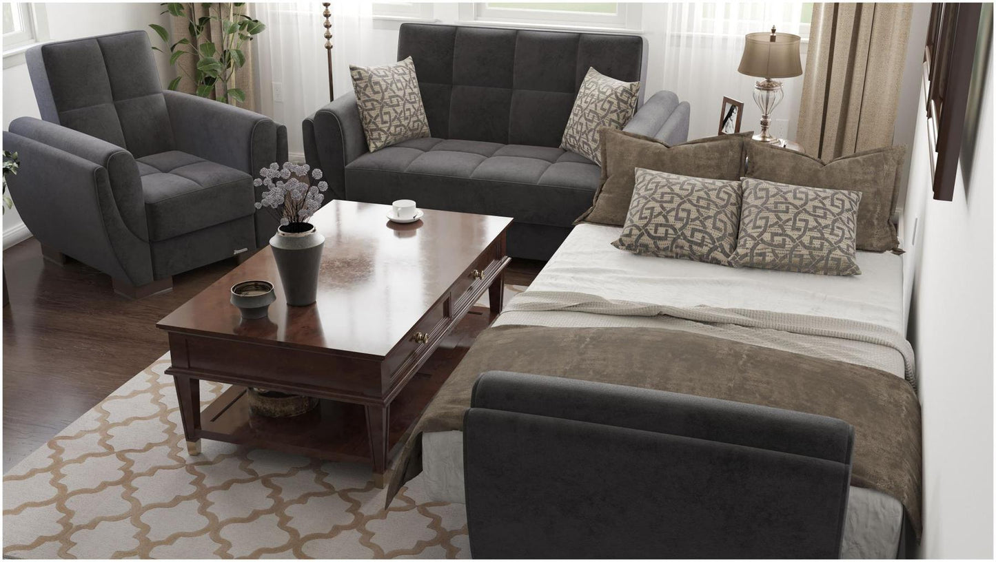 Modern design, Black , Microfiber upholstered convertible Armchair with underseat storage from Voyage Shelter by Ottomanson in living room lifestyle setting converted to sleeper. This Armchair measures 42 inches width by 36 inches depth by 41 inches height.