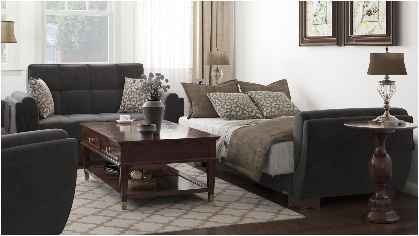 Modern design, Black , Microfiber upholstered convertible sleeper Loveseat with underseat storage from Voyage Shelter by Ottomanson in living room lifestyle setting converted to sleeper. This Loveseat measures 71 inches width by 36 inches depth by 41 inches height.