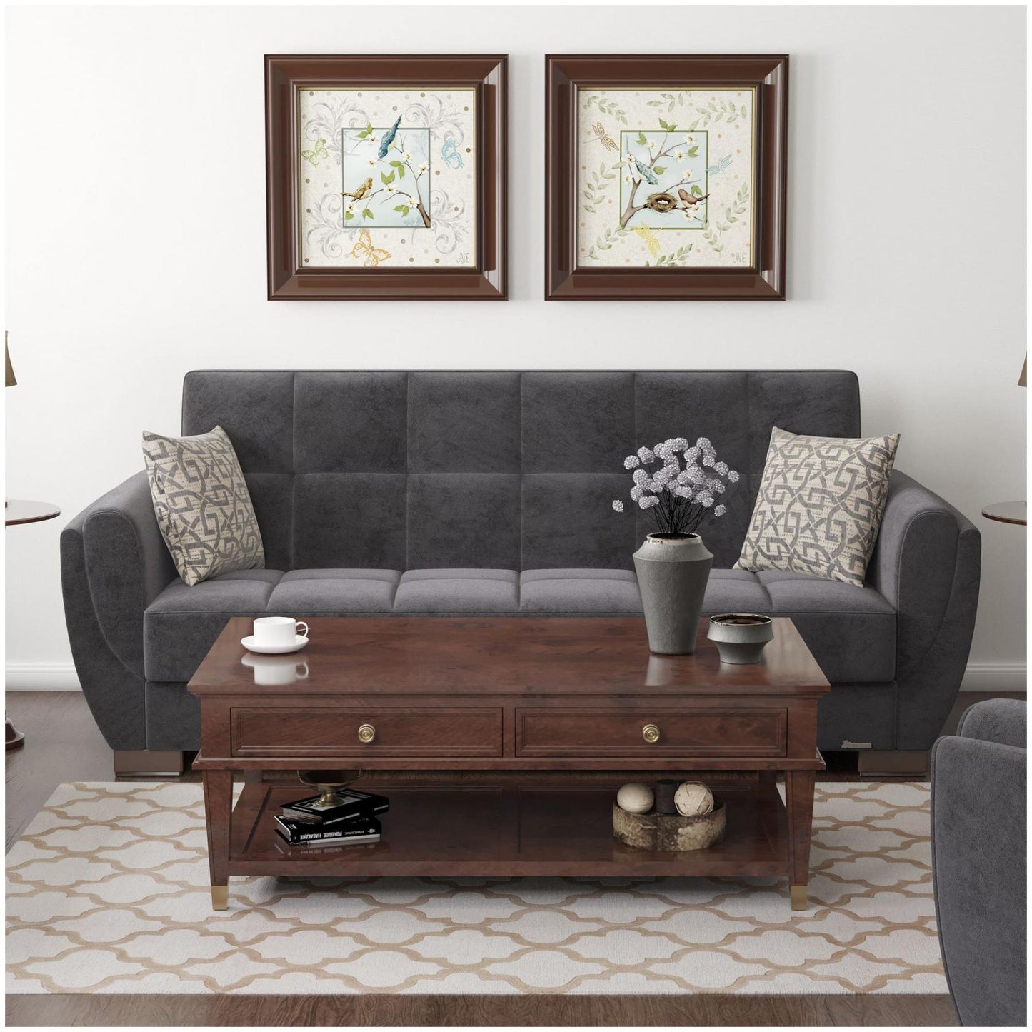 Modern design, Black , Microfiber upholstered convertible sleeper Sofabed with underseat storage from Voyage Shelter by Ottomanson in living room lifestyle setting by itself. This Sofabed measures 94 inches width by 36 inches depth by 41 inches height.