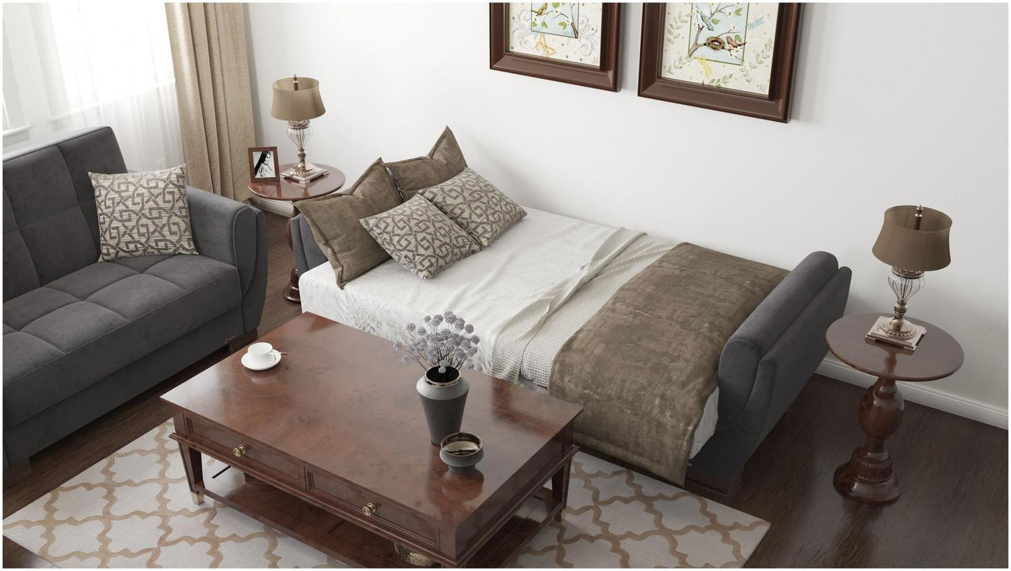 Modern design, Black , Microfiber upholstered convertible sleeper Sofabed with underseat storage from Voyage Shelter by Ottomanson in living room lifestyle setting converted to sleeper. This Sofabed measures 94 inches width by 36 inches depth by 41 inches height.
