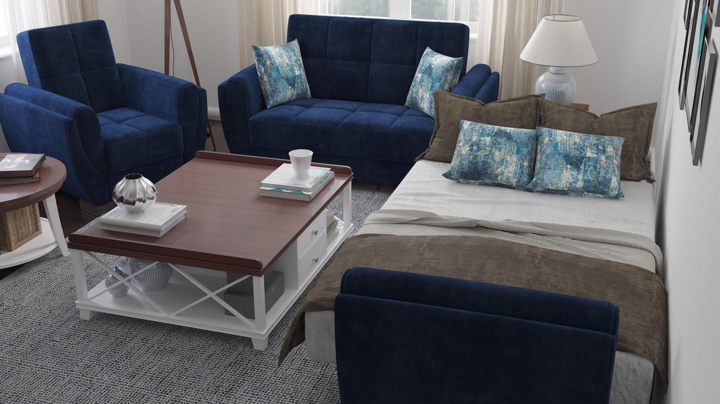 Modern design, True Blue , Microfiber upholstered convertible Armchair with underseat storage from Voyage Shelter by Ottomanson in living room lifestyle setting converted to sleeper. This Armchair measures 42 inches width by 36 inches depth by 41 inches height.