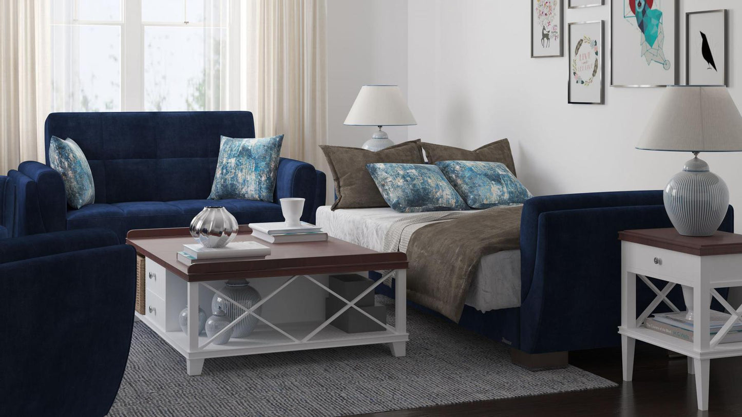 Modern design, True Blue , Microfiber upholstered convertible sleeper Loveseat with underseat storage from Voyage Shelter by Ottomanson in living room lifestyle setting converted to sleeper. This Loveseat measures 71 inches width by 36 inches depth by 41 inches height.