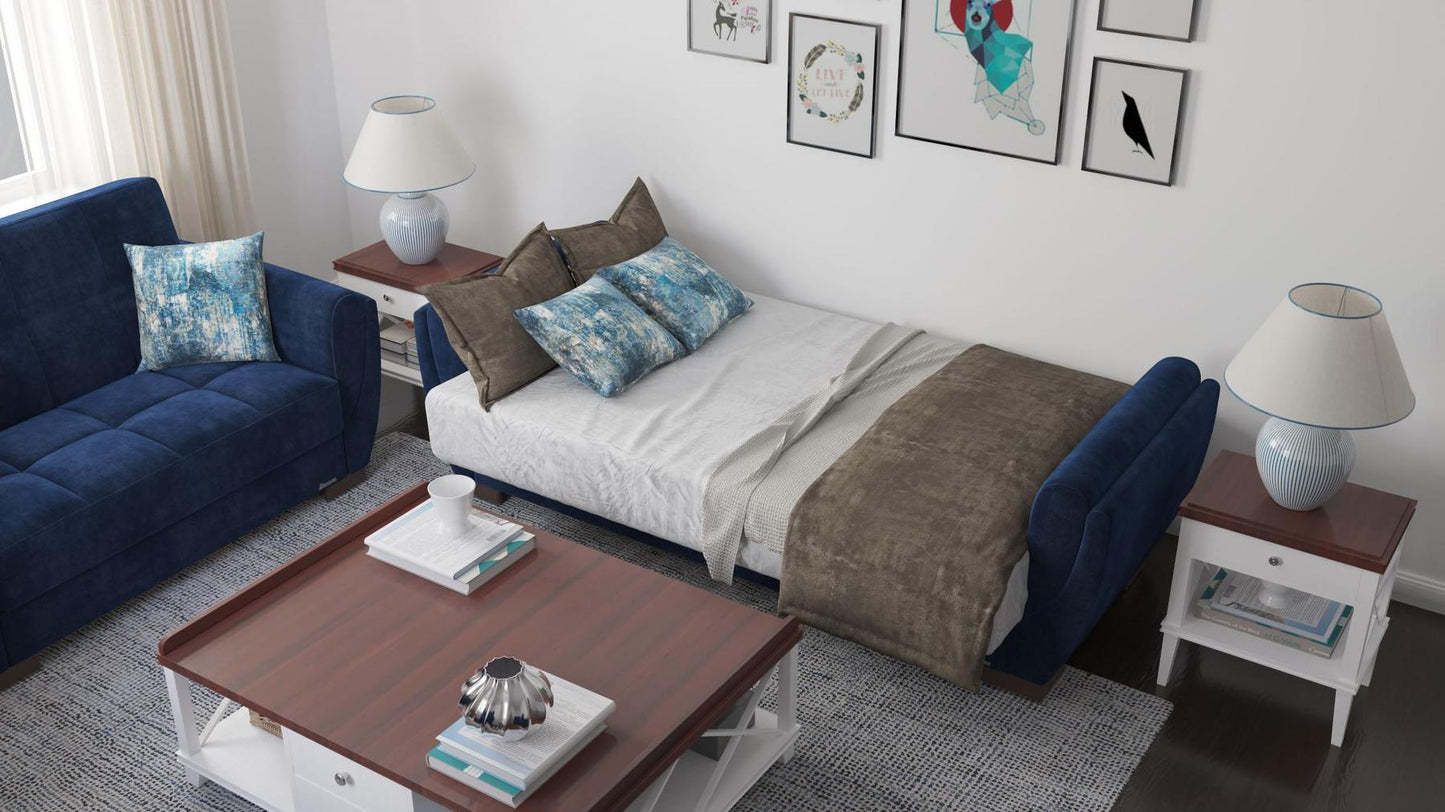 Modern design, True Blue , Microfiber upholstered convertible sleeper Sofabed with underseat storage from Voyage Shelter by Ottomanson in living room lifestyle setting converted to sleeper. This Sofabed measures 94 inches width by 36 inches depth by 41 inches height.