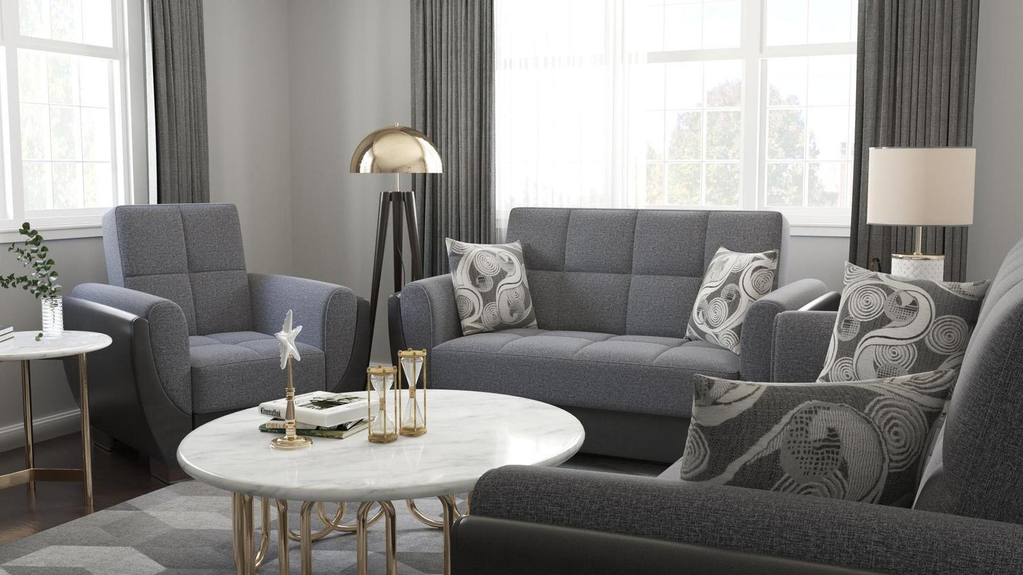 Modern design, Salt and Pepper Gray, Black , Chenille, Artificial Leather upholstered convertible Armchair with underseat storage from Voyage Shelter by Ottomanson in living room lifestyle setting with another piece of furniture. This Armchair measures 42 inches width by 36 inches depth by 41 inches height.