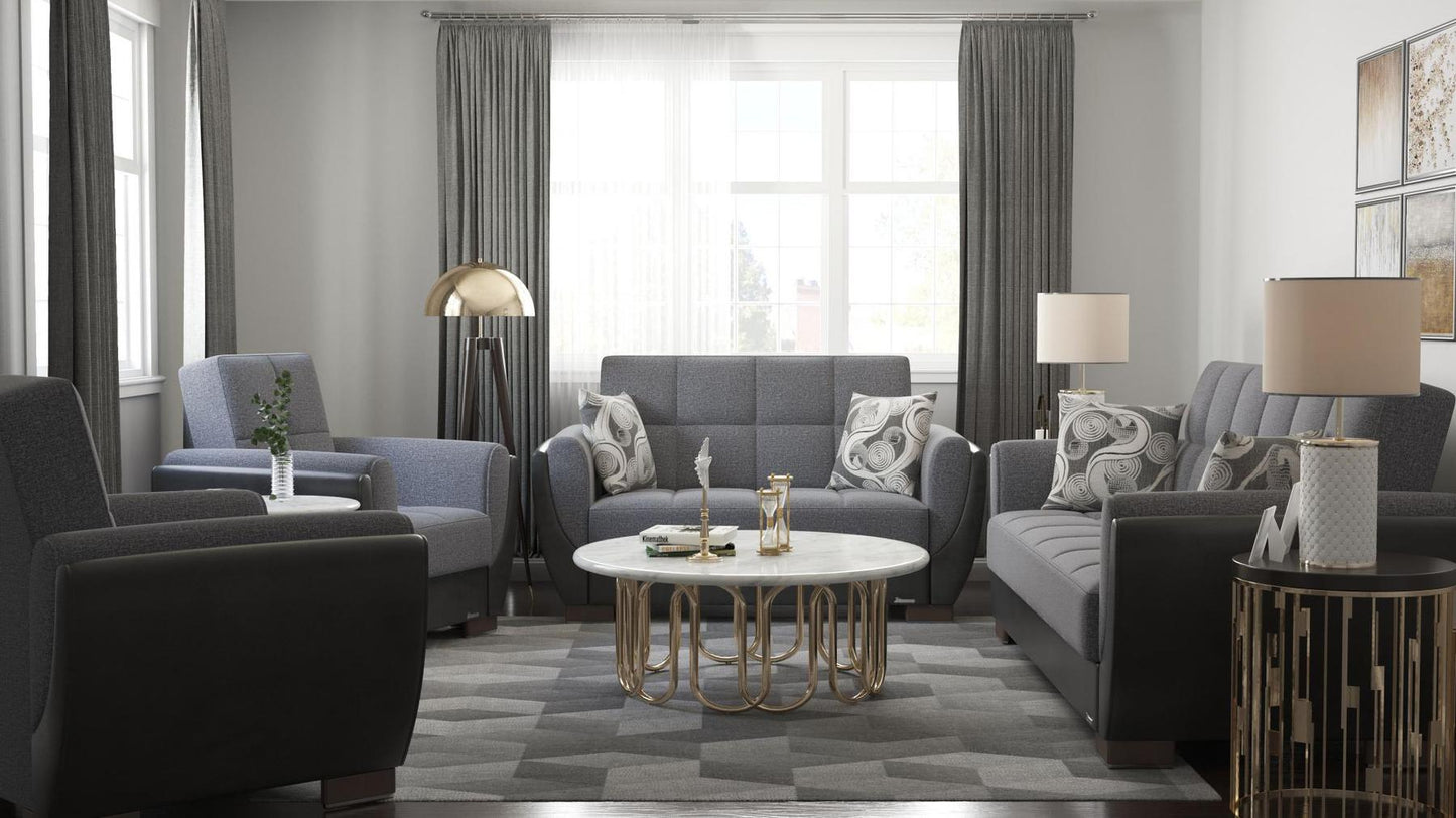 Modern design, Salt and Pepper Gray, Black , Chenille, Artificial Leather upholstered convertible Armchair with underseat storage from Voyage Shelter by Ottomanson in living room lifestyle setting with the matching furniture set. This Armchair measures 42 inches width by 36 inches depth by 41 inches height.