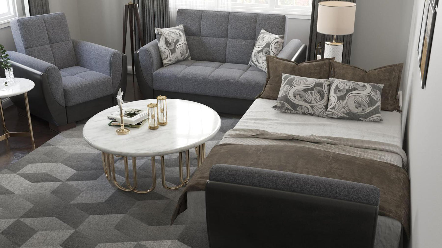 Modern design, Salt and Pepper Gray, Black , Chenille, Artificial Leather upholstered convertible Armchair with underseat storage from Voyage Shelter by Ottomanson in living room lifestyle setting converted to sleeper. This Armchair measures 42 inches width by 36 inches depth by 41 inches height.