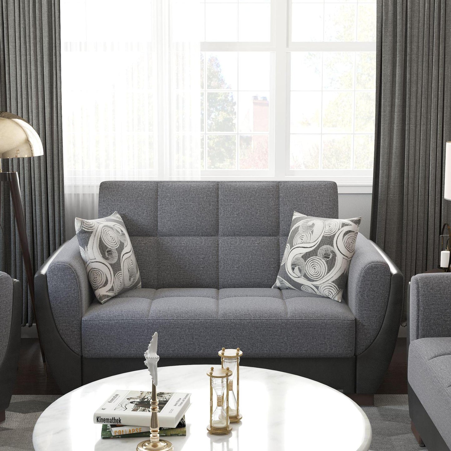 Modern design, Salt and Pepper Gray, Black , Chenille, Artificial Leather upholstered convertible sleeper Loveseat with underseat storage from Voyage Shelter by Ottomanson in living room lifestyle setting by itself. This Loveseat measures 71 inches width by 36 inches depth by 41 inches height.
