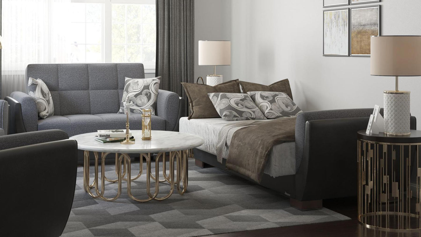 Modern design, Salt and Pepper Gray, Black , Chenille, Artificial Leather upholstered convertible sleeper Loveseat with underseat storage from Voyage Shelter by Ottomanson in living room lifestyle setting converted to sleeper. This Loveseat measures 71 inches width by 36 inches depth by 41 inches height.