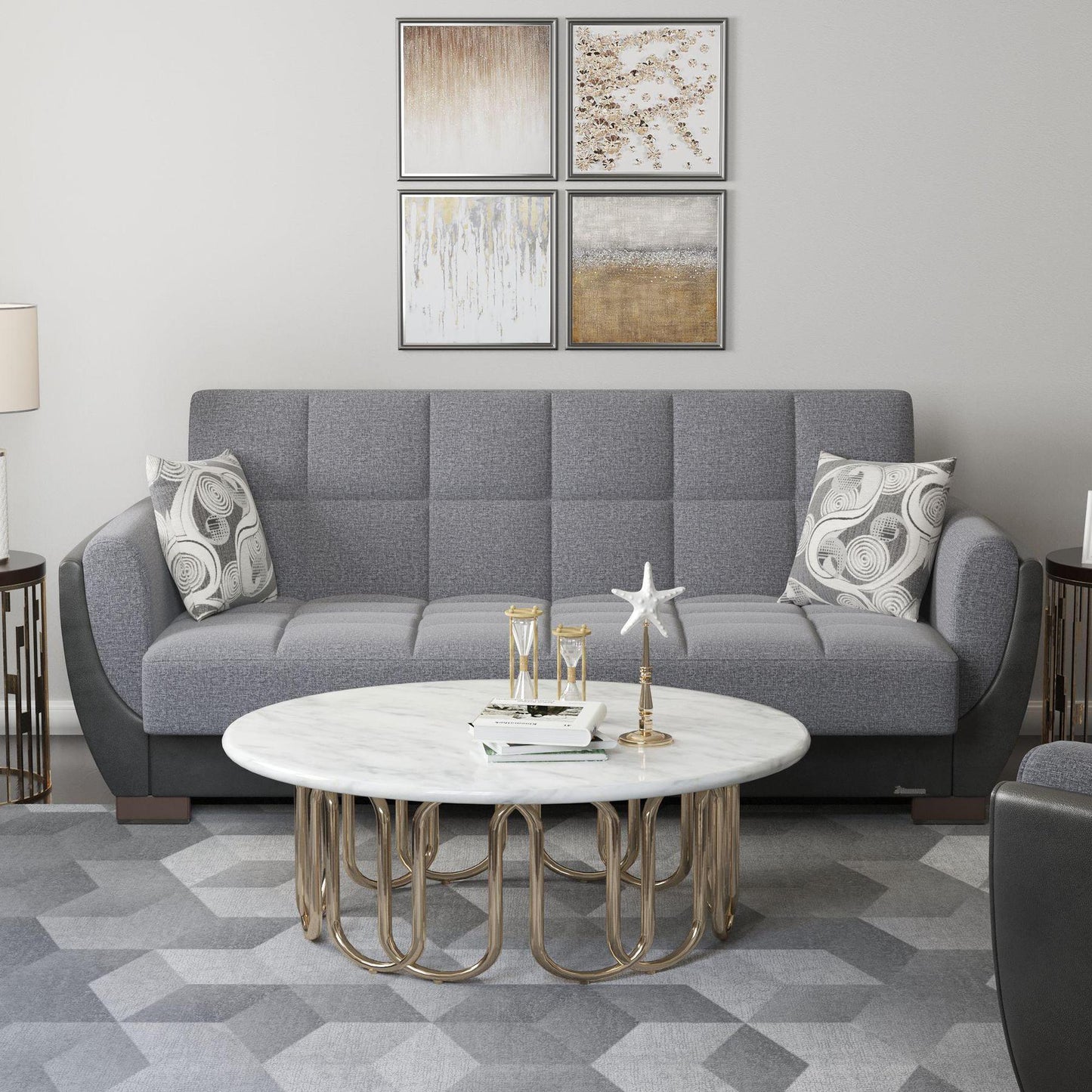 Modern design, Salt and Pepper Gray, Black , Chenille, Artificial Leather upholstered convertible sleeper Sofabed with underseat storage from Voyage Shelter by Ottomanson in living room lifestyle setting by itself. This Sofabed measures 94 inches width by 36 inches depth by 41 inches height.