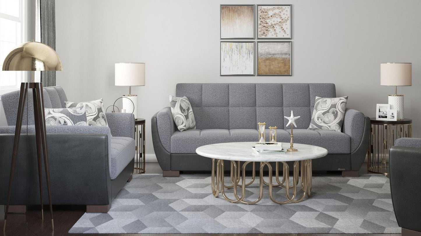 Modern design, Salt and Pepper Gray, Black , Chenille, Artificial Leather upholstered convertible sleeper Sofabed with underseat storage from Voyage Shelter by Ottomanson in living room lifestyle setting with another piece of furniture. This Sofabed measures 94 inches width by 36 inches depth by 41 inches height.