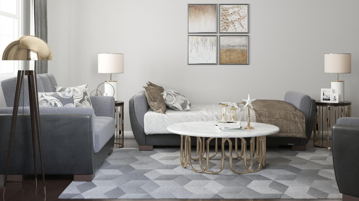 Modern design, Salt and Pepper Gray, Black , Chenille, Artificial Leather upholstered convertible sleeper Sofabed with underseat storage from Voyage Shelter by Ottomanson in living room lifestyle setting converted to sleeper. This Sofabed measures 94 inches width by 36 inches depth by 41 inches height.