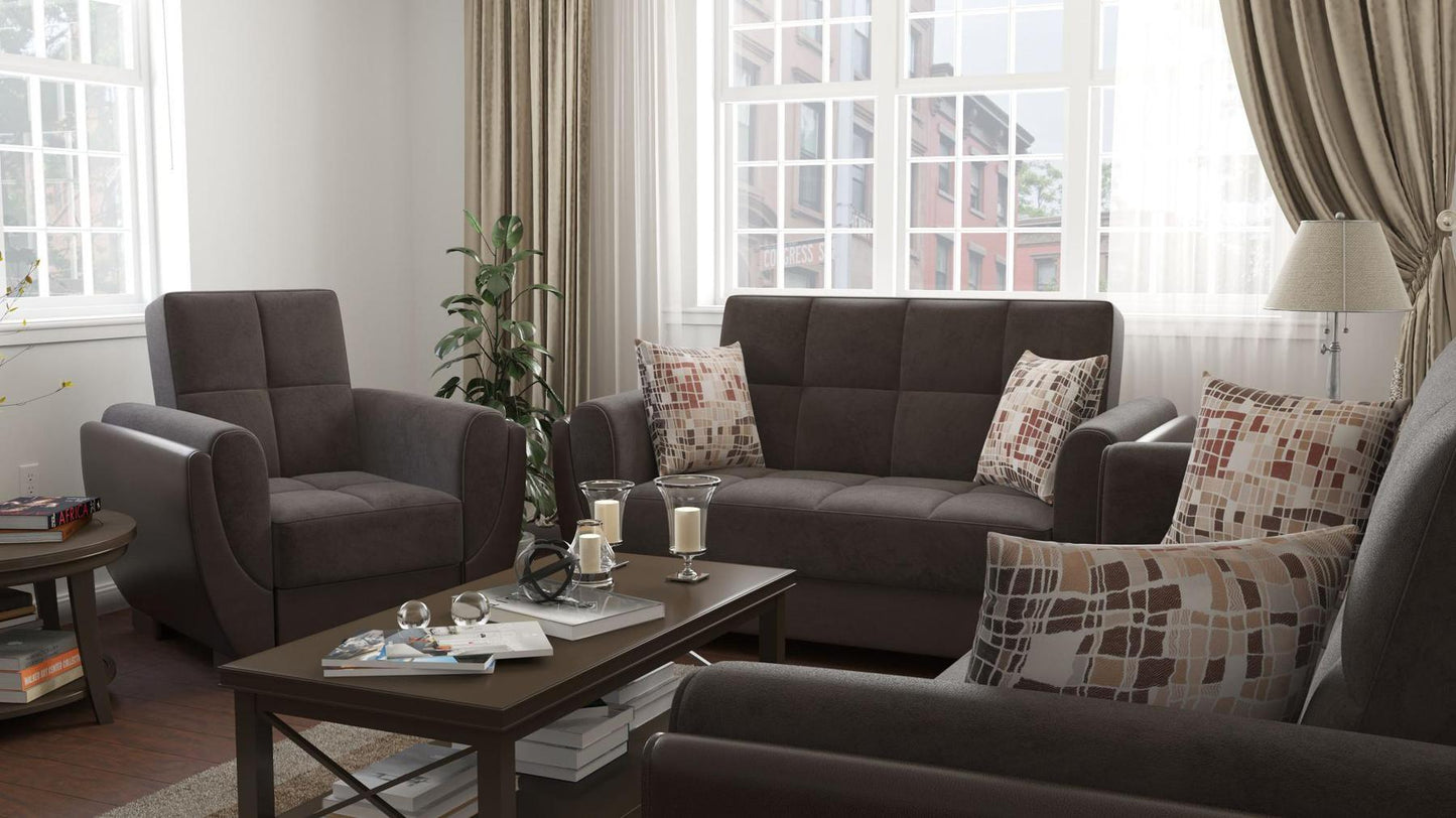 Modern design, Friar Brown, Dark Brown , Microfiber, Artificial Leather upholstered convertible Armchair with underseat storage from Voyage Shelter by Ottomanson in living room lifestyle setting with another piece of furniture. This Armchair measures 42 inches width by 36 inches depth by 41 inches height.