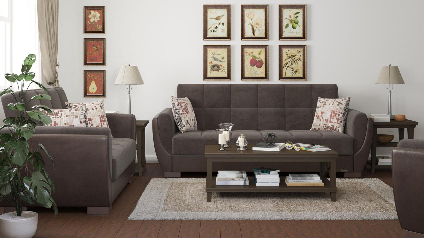 Modern design, Friar Brown, Dark Brown , Microfiber, Artificial Leather upholstered convertible sleeper Sofabed with underseat storage from Voyage Shelter by Ottomanson in living room lifestyle setting with another piece of furniture. This Sofabed measures 94 inches width by 36 inches depth by 41 inches height.