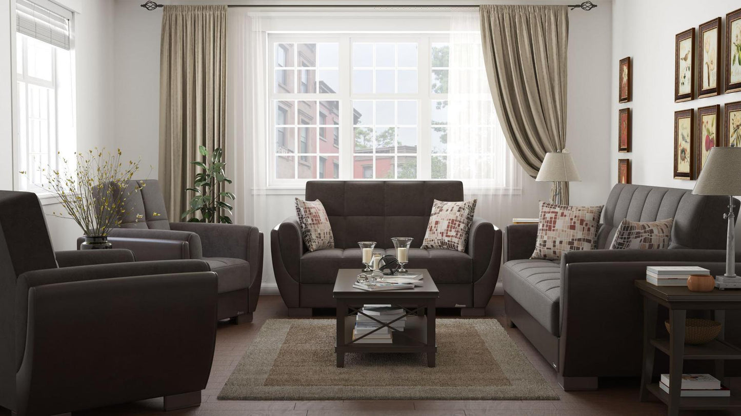 Modern design, Friar Brown, Dark Brown , Microfiber, Artificial Leather upholstered convertible sleeper Sofabed with underseat storage from Voyage Shelter by Ottomanson in living room lifestyle setting with the matching furniture set. This Sofabed measures 94 inches width by 36 inches depth by 41 inches height.