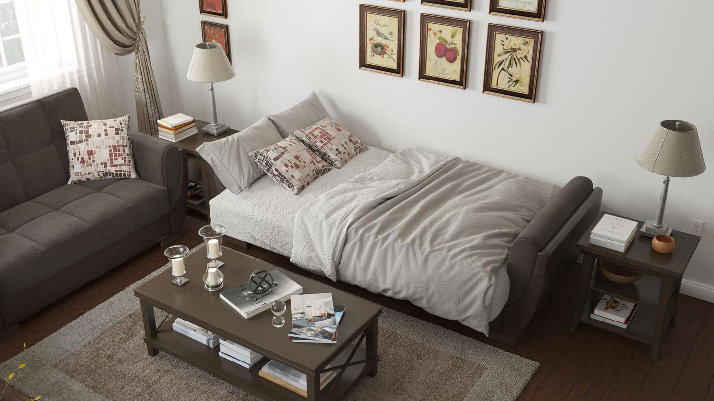 Modern design, Friar Brown, Dark Brown , Microfiber, Artificial Leather upholstered convertible sleeper Sofabed with underseat storage from Voyage Shelter by Ottomanson in living room lifestyle setting converted to sleeper. This Sofabed measures 94 inches width by 36 inches depth by 41 inches height.