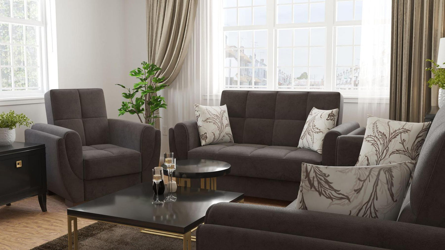 Modern design, Friar Brown , Microfiber upholstered convertible Armchair with underseat storage from Voyage Shelter by Ottomanson in living room lifestyle setting with another piece of furniture. This Armchair measures 42 inches width by 36 inches depth by 41 inches height.