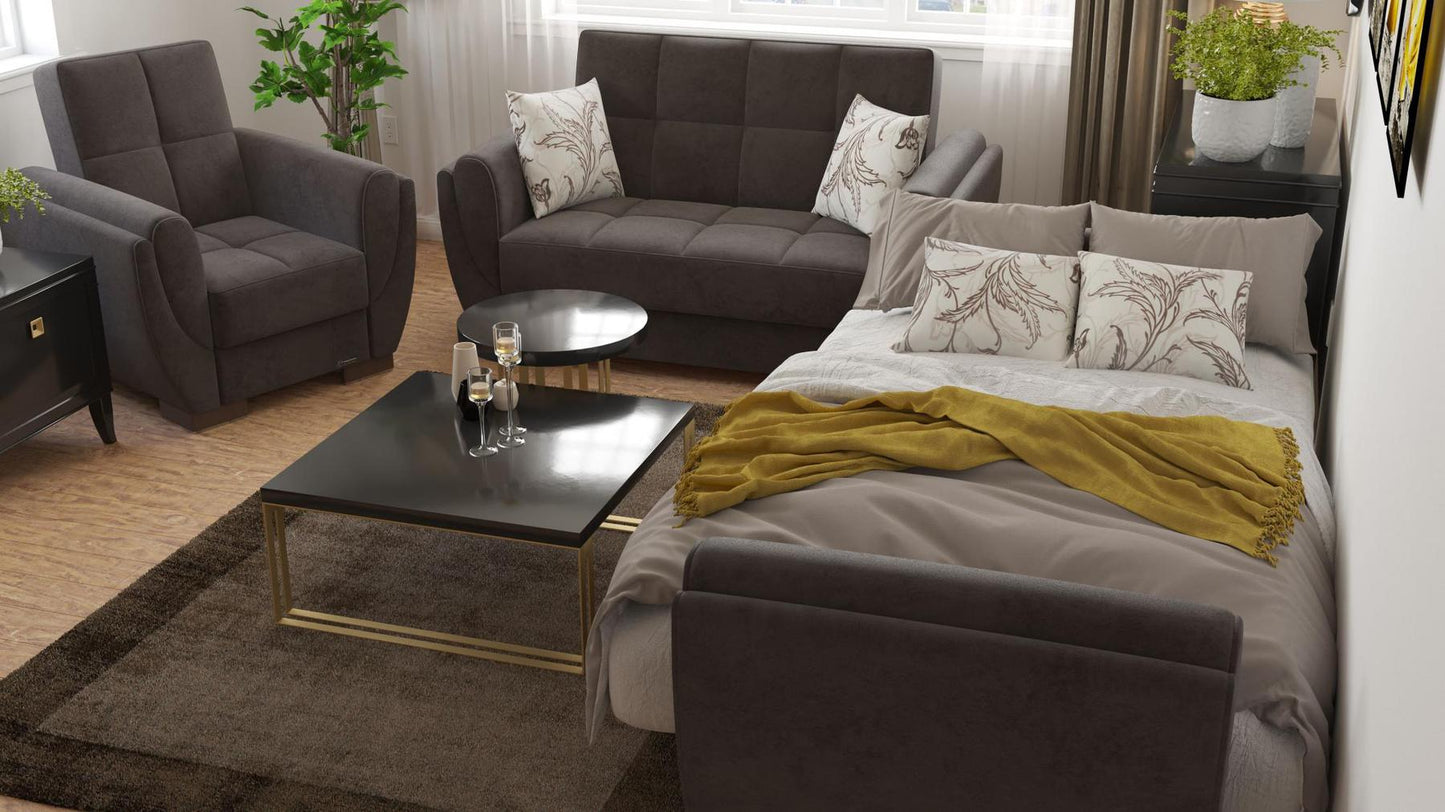 Modern design, Friar Brown , Microfiber upholstered convertible Armchair with underseat storage from Voyage Shelter by Ottomanson in living room lifestyle setting converted to sleeper. This Armchair measures 42 inches width by 36 inches depth by 41 inches height.