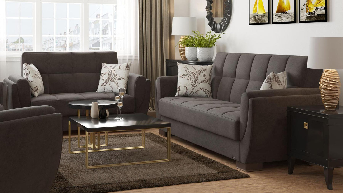 Modern design, Friar Brown , Microfiber upholstered convertible sleeper Loveseat with underseat storage from Voyage Shelter by Ottomanson in living room lifestyle setting with another piece of furniture. This Loveseat measures 71 inches width by 36 inches depth by 41 inches height.