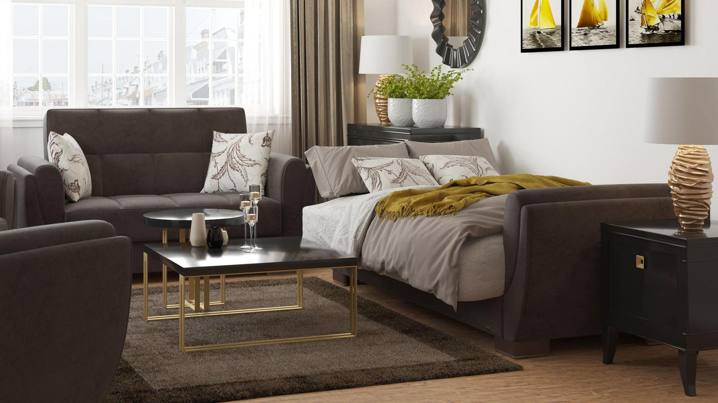 Modern design, Friar Brown , Microfiber upholstered convertible sleeper Loveseat with underseat storage from Voyage Shelter by Ottomanson in living room lifestyle setting converted to sleeper. This Loveseat measures 71 inches width by 36 inches depth by 41 inches height.