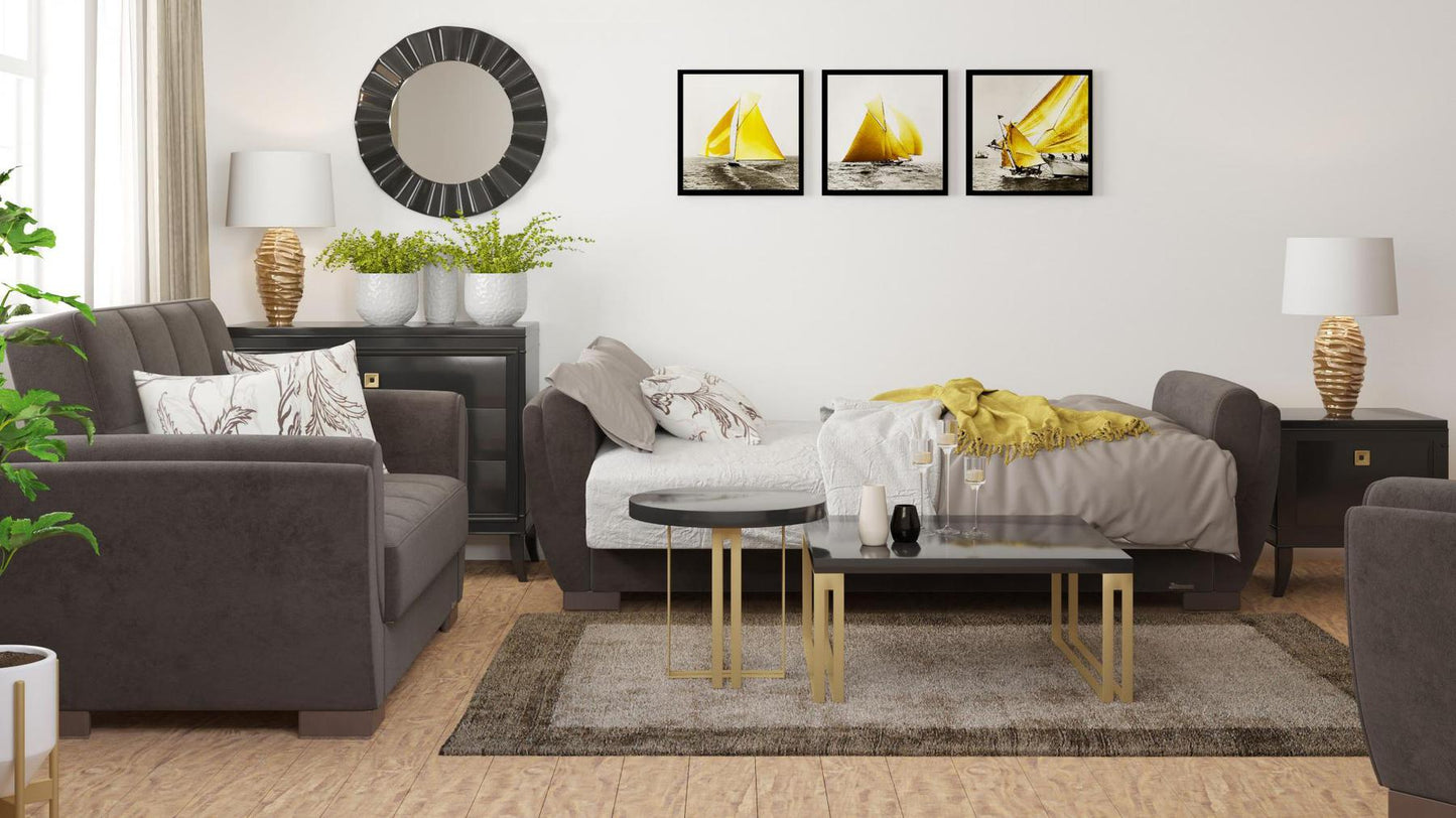 Modern design, Friar Brown , Microfiber upholstered convertible sleeper Sofabed with underseat storage from Voyage Shelter by Ottomanson in living room lifestyle setting converted to sleeper. This Sofabed measures 94 inches width by 36 inches depth by 41 inches height.