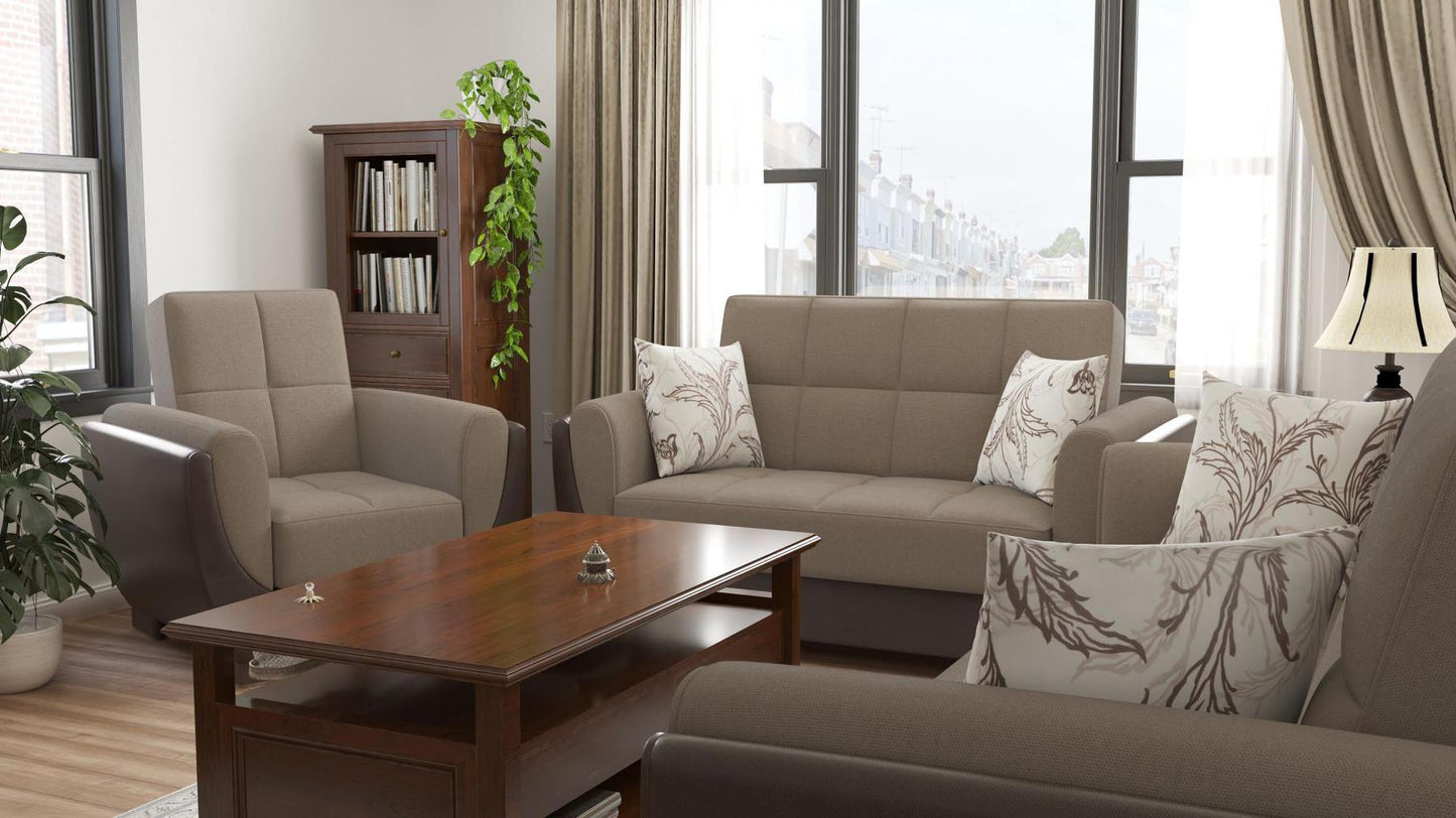 Modern design, Light Taupe, Dark Brown , Chenille, Artificial Leather upholstered convertible Armchair with underseat storage from Voyage Shelter by Ottomanson in living room lifestyle setting with another piece of furniture. This Armchair measures 42 inches width by 36 inches depth by 41 inches height.
