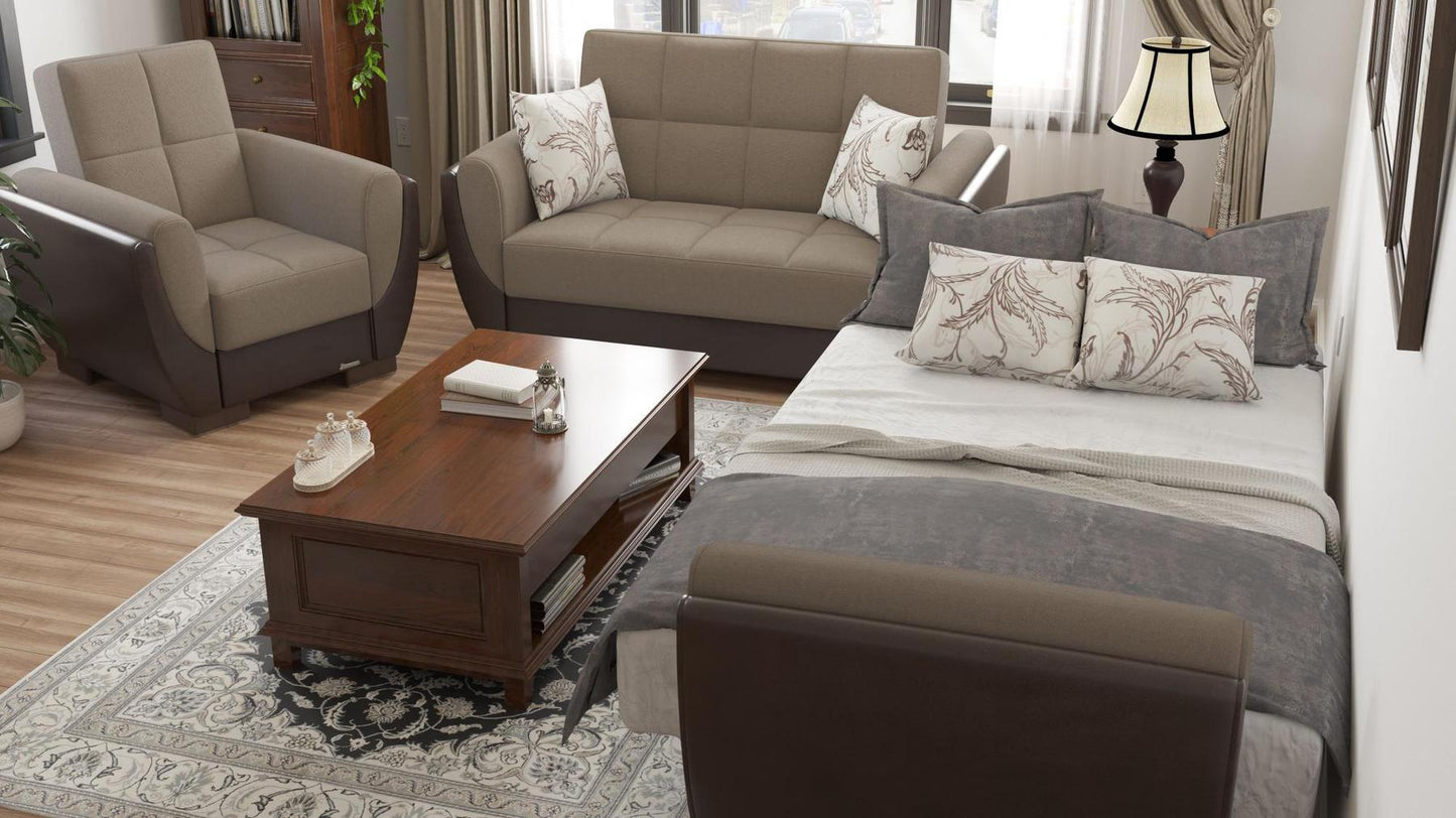 Modern design, Light Taupe, Dark Brown , Chenille, Artificial Leather upholstered convertible Armchair with underseat storage from Voyage Shelter by Ottomanson in living room lifestyle setting converted to sleeper. This Armchair measures 42 inches width by 36 inches depth by 41 inches height.