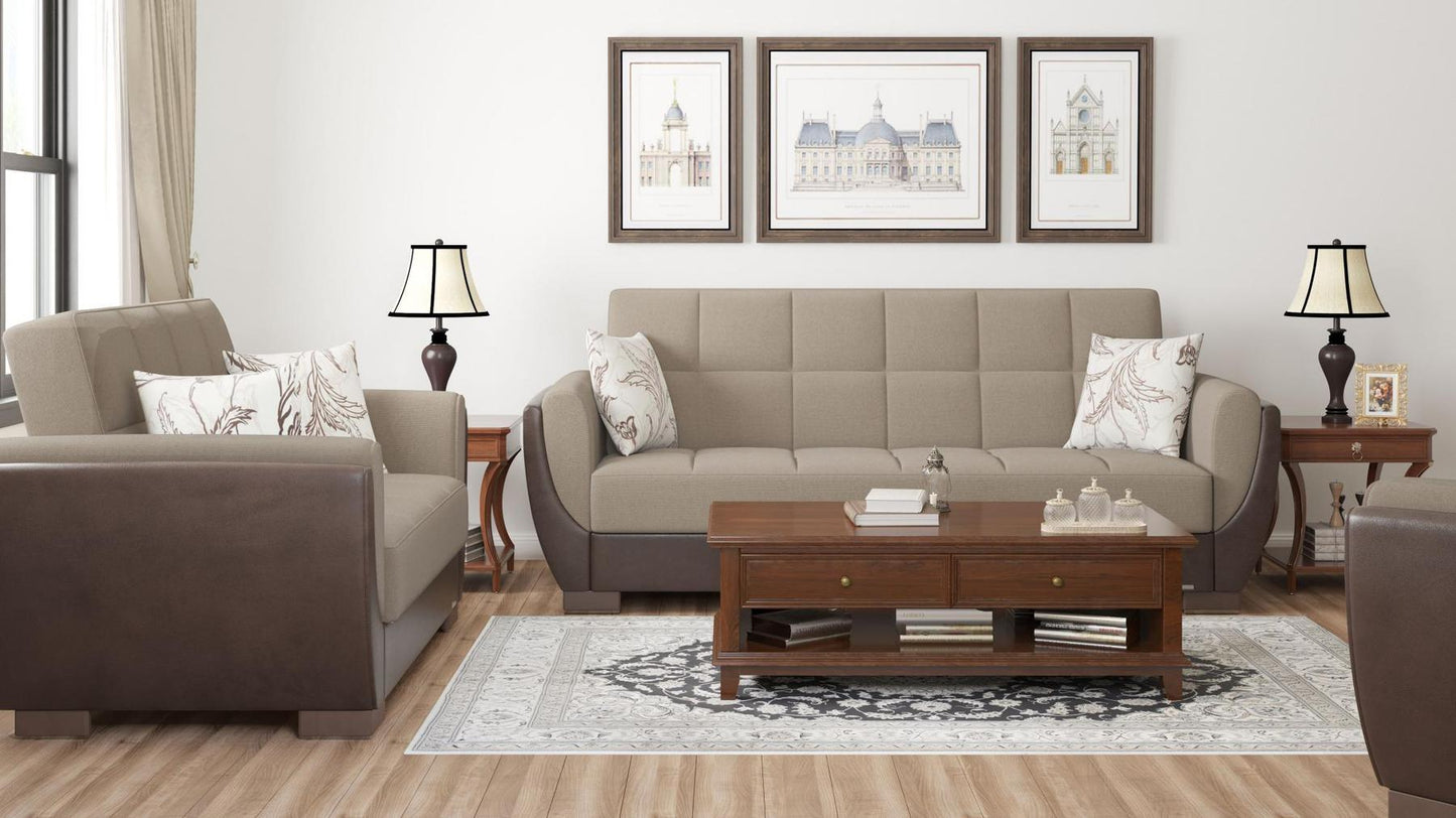 Modern design, Light Taupe, Dark Brown , Chenille, Artificial Leather upholstered convertible sleeper Sofabed with underseat storage from Voyage Shelter by Ottomanson in living room lifestyle setting with another piece of furniture. This Sofabed measures 94 inches width by 36 inches depth by 41 inches height.