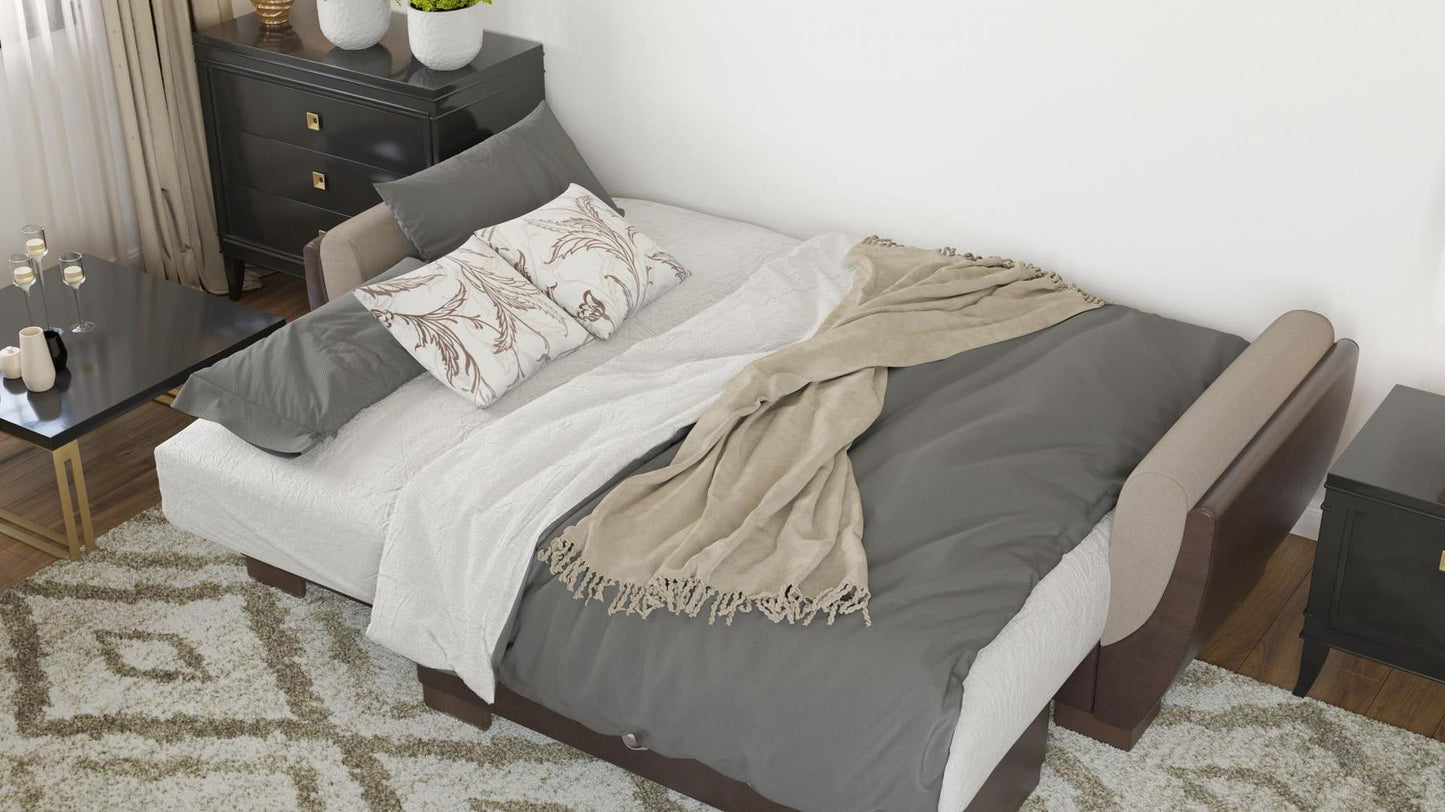 Modern design, Light Taupe, Dark Brown , Chenille, Artificial Leather upholstered convertible sleeper Sofabed with underseat storage from Voyage Shelter by Ottomanson in living room lifestyle setting converted to sleeper. This Sofabed measures 94 inches width by 36 inches depth by 41 inches height.