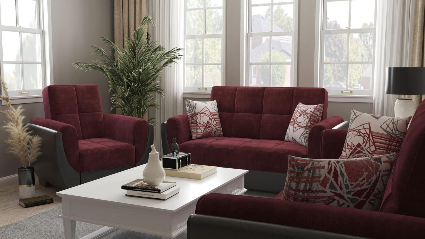 Modern design, Beaujolais, Black , Microfiber, Artificial Leather upholstered convertible Armchair with underseat storage from Voyage Shelter by Ottomanson in living room lifestyle setting with another piece of furniture. This Armchair measures 42 inches width by 36 inches depth by 41 inches height.